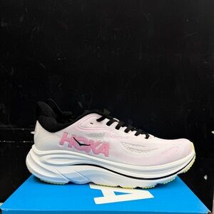 Hoka Clifton 10 Pink and Black Running Shoe with White Midsole